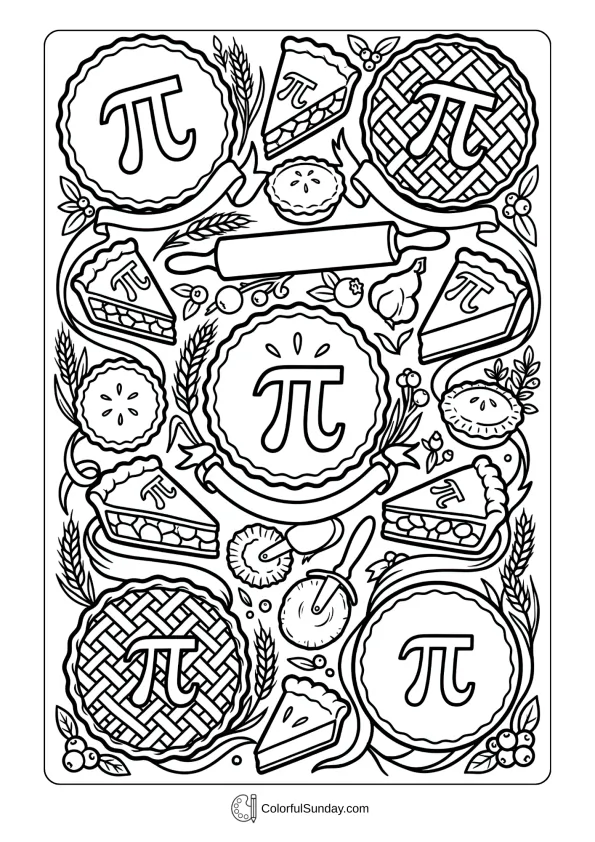 Delicious pies with pi symbols coloring picture on top of slices for Pi Day celebration coloring page