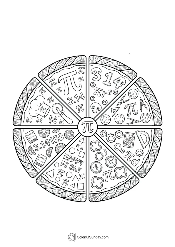 Pizza slices in circle with pi toppings coloring picture celebrating Pi Day coloring page