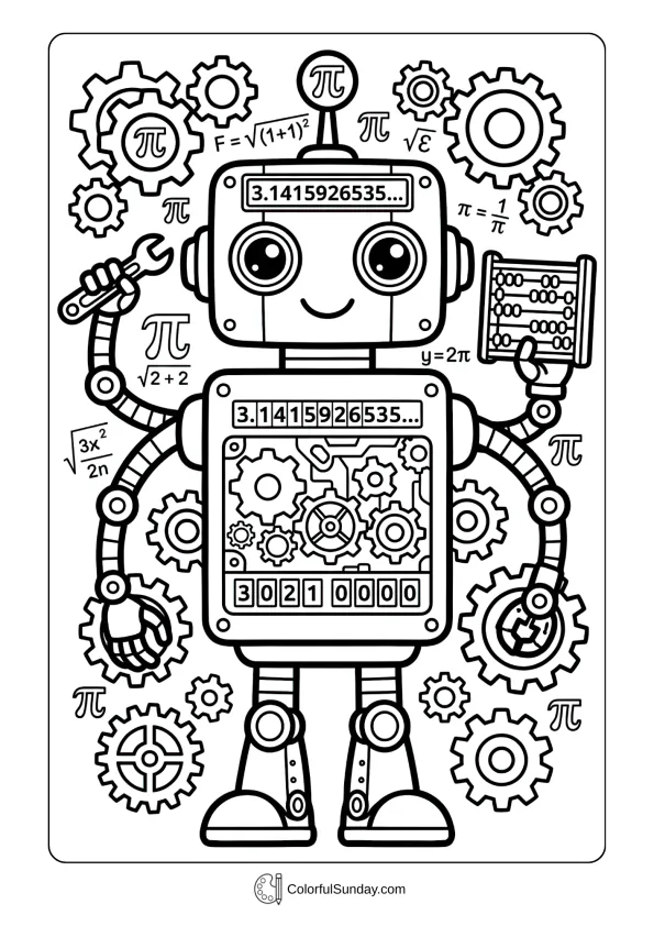 Cute robot calculating pi digits coloring page for Pi Day with gears coloring page
