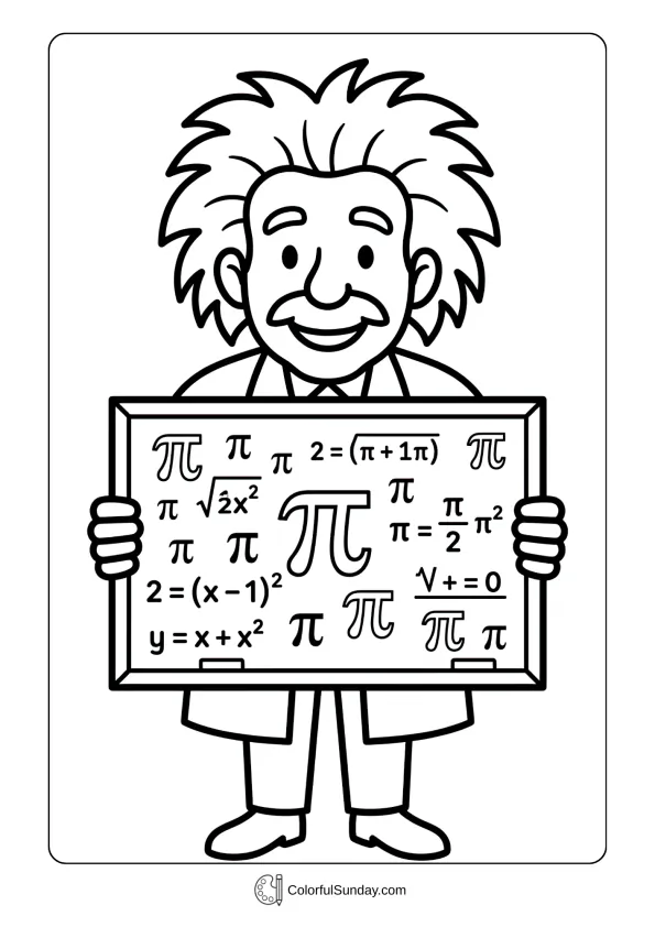 Happy scientist with chalkboard showing Pi Day coloring page equations and pi symbols coloring page