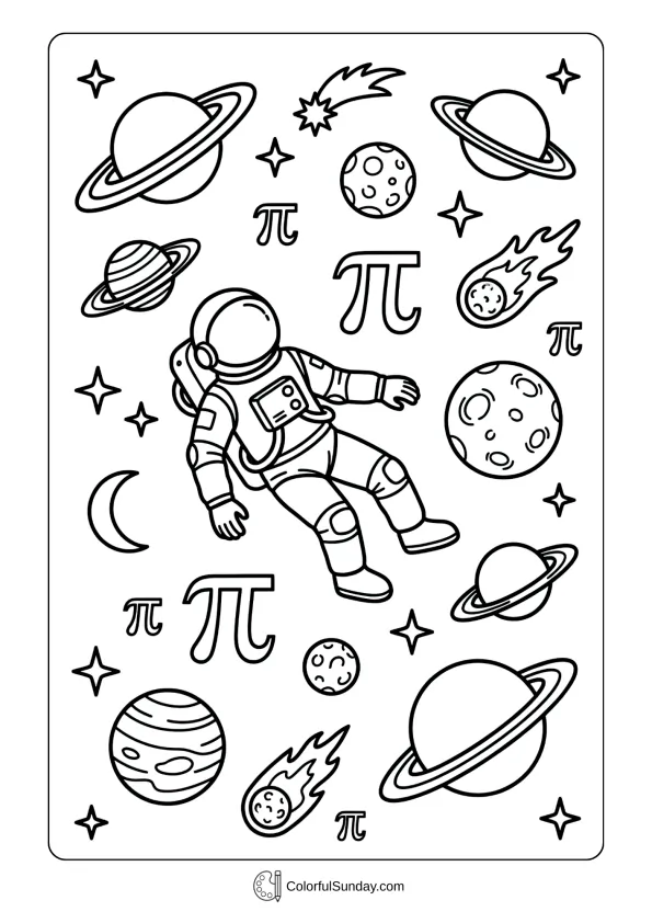 Astronaut floating with planets and pi symbols coloring page for Pi Day space adventure to color