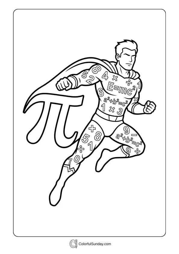 Mathematical superhero with pi symbol coloring picture cape saving Pi Day coloring page