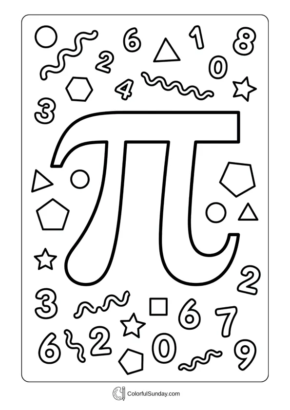 Giant pi symbol coloring page surrounded by playful numbers and geometric shapes for Pi Day to color