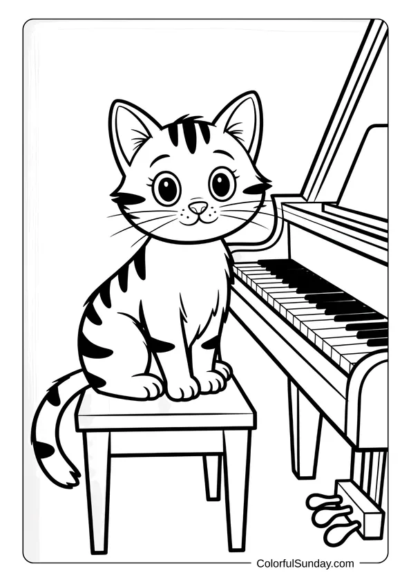 Pikachu From Pokemon Coloring Page A cute cat sitting on a stool beside an upright piano, captured in a coloring page.