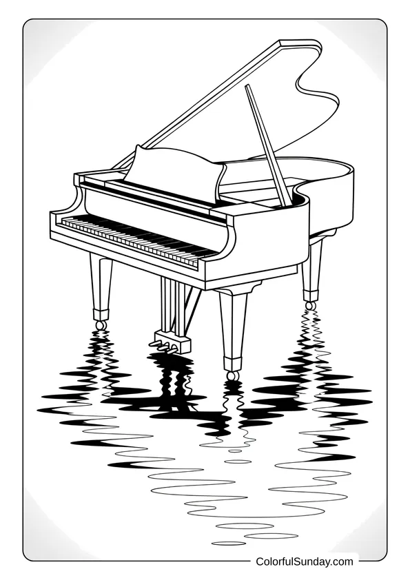Pikachu From Pokemon Coloring Page Piano standing in water with rippling reflections, designed as a coloring page.