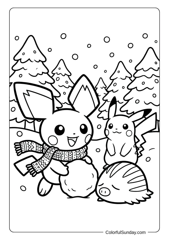 A coloring page of Pichu wearing a warm knitted scarf while playing with Christmas Pokémon in the snow.