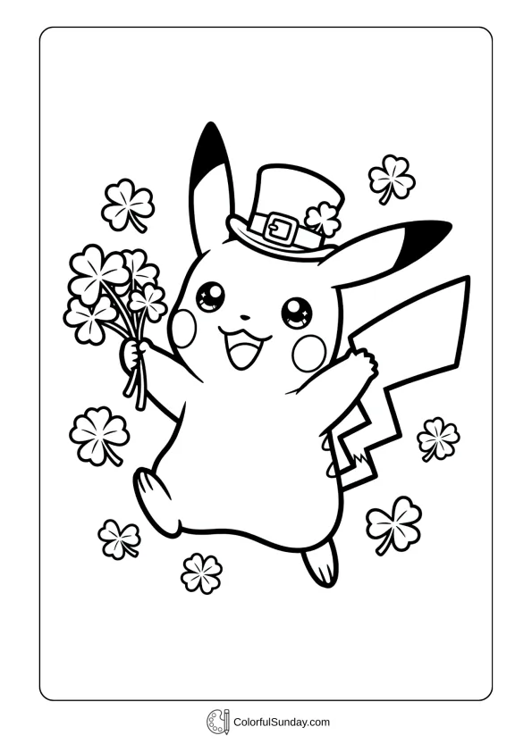 An adorable Pikachu celebrates joyfully in a radiant St. Patrick’s Day coloring page.