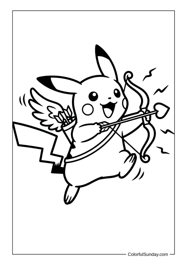 Pikachu Cupid full of energy and excitement while holding a heart arrow in a lively coloring page.