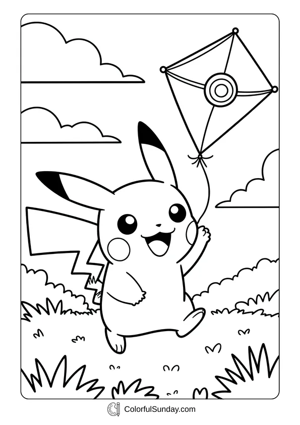 Pokemon Badges And Logo Coloring Page Pikachu happily flies a kite under the clouds in this Pokémon themed coloring page.