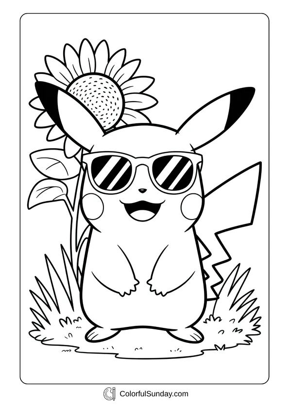 Pikachu From Pokemon Coloring Page Pikachu wearing sunglasses with a sunflower in the background makes a fun coloring page.