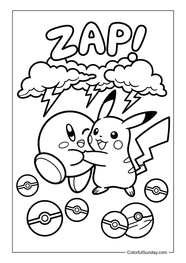 Pikachu hugging Kirby under dark clouds with lightning in this playful coloring page