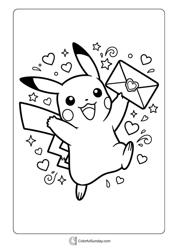 A coloring page of an excited Pikachu holding a heart-stamped love letter for Valentine's Day.