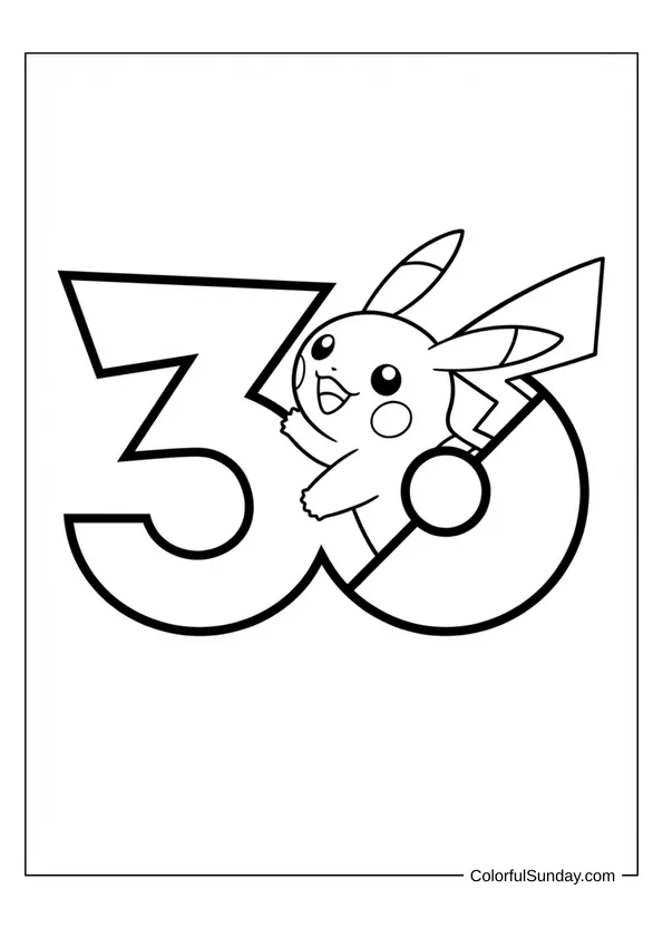 Smiling Pikachu celebrating Pokémon 30th anniversary in a cheerful coloring page.