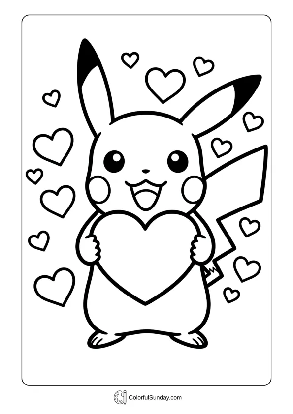 A coloring page of Pikachu smiling and holding a heart, surrounded by other hearts for Valentine's Day.