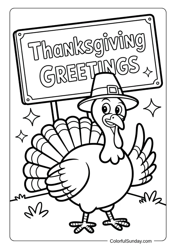 A turkey wearing a pilgrim hat standing near a Thanksgiving Greetings sign in a festive coloring page.