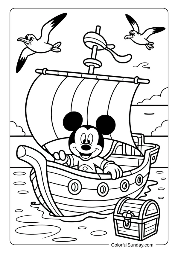 Pokemon Badges And Logo Coloring Page Pirate Mickey Mouse sails on a ship with a treasure chest nearby in this adventurous coloring page.