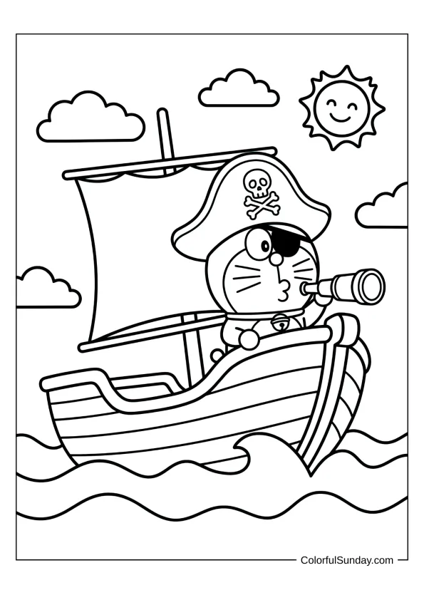 Adventurous pirate Doraemon on a ship in a fun coloring page.