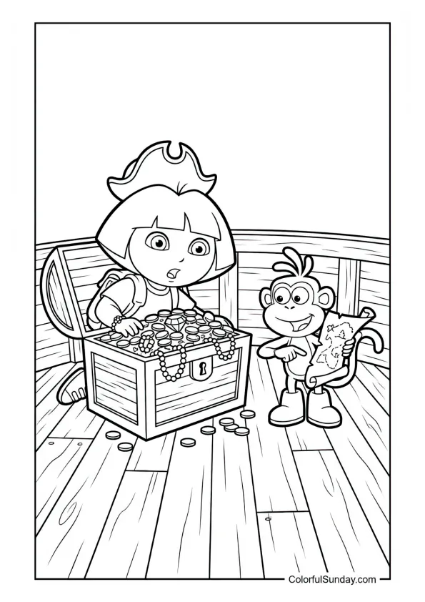 Pirate Dora discovering a treasure chest with Boots studying a map on the ship in this Dora the Explorer coloring page.
