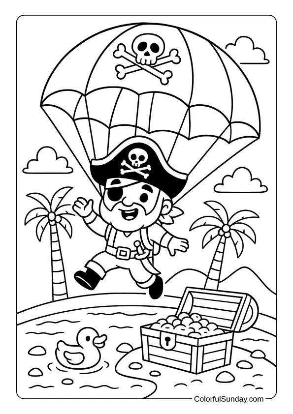 A pirate lands on an island with treasure and palm trees using a parachute in this adventurous coloring page.