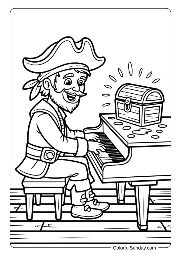 Pokemon Badges And Logo Coloring Page Pirate sitting at a piano with a treasure chest on top, styled as a coloring page.