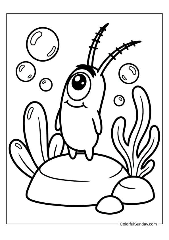 Small Plankton with one eye standing in a simple SpongeBob coloring page for toddlers