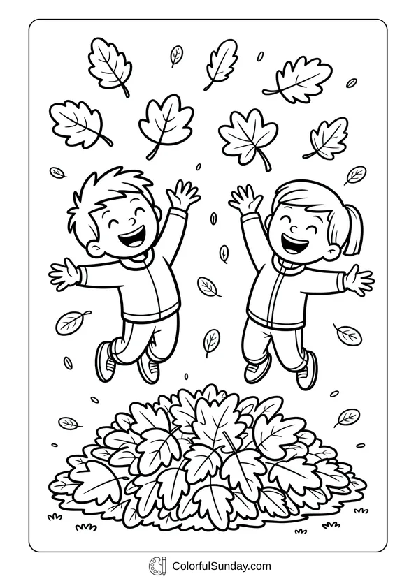 Pikachu From Pokemon Coloring Page Children jumping into a big pile of leaves with smiles in this playful autumn coloring page.