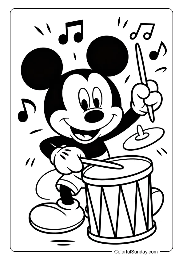 Playing the drum with excitement, Mickey Mouse is shown surrounded by music notes in a coloring page.