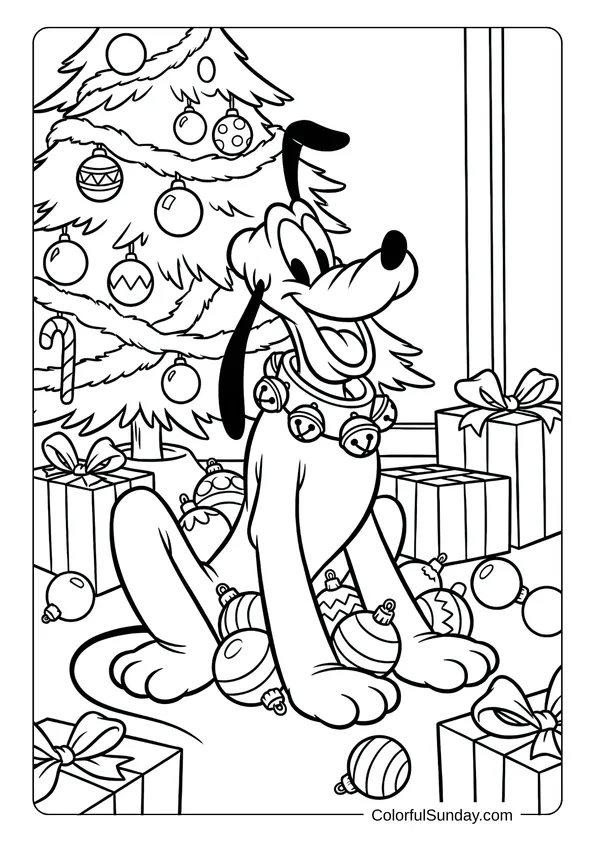 Pluto sits beside ornaments and wrapped gifts during Disney Christmas in a simple coloring page