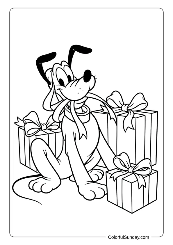 A Disney Christmas coloring page showing Pluto playing with ribbons and bows near wrapped presents.