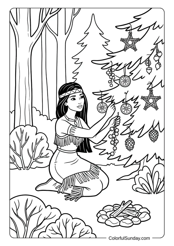 Pocahontas decorating forest with natural ornaments for spiritual gathering in this Disney Christmas coloring page.