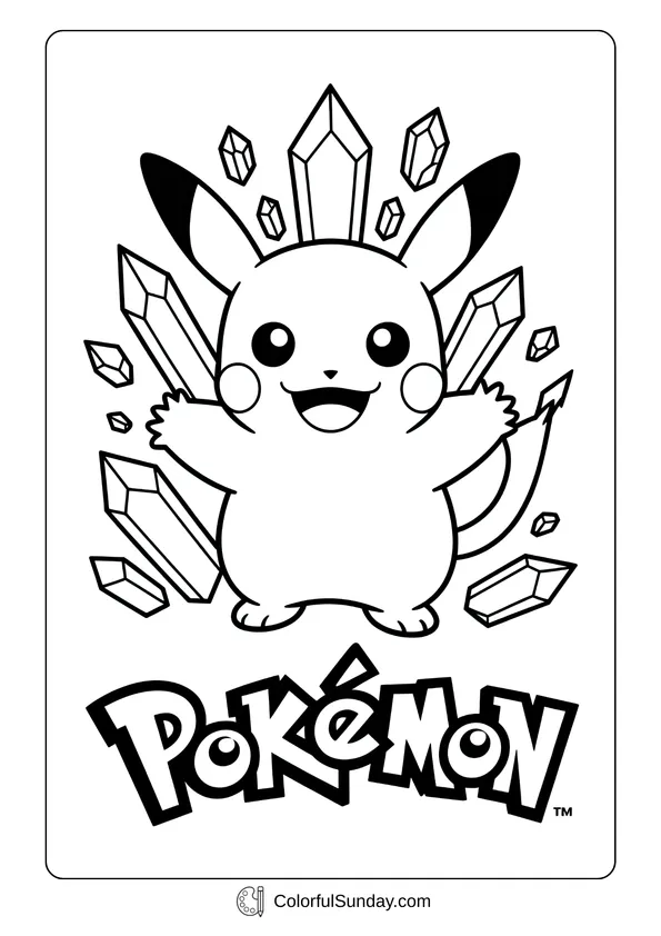 Pokemon Badges And Logo Coloring Page Coloring page of Pikachu standing with crystals around it and the Pokémon logo below.