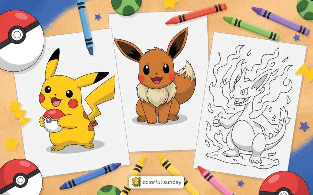 three coloring pages of Pokémon