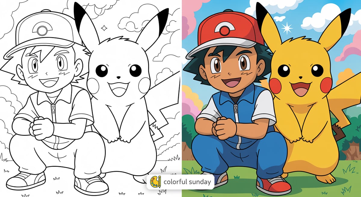 Pokémon coloring pages featured image, left side uncolored, right side fully colored