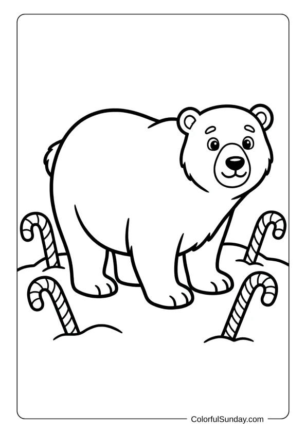A fluffy polar bear cub playing with candy canes in snowy arctic landscape coloring page.