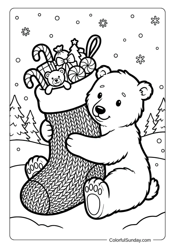 A fluffy polar bear cub coloring page hugging a giant Christmas stocking in a snowy landscape