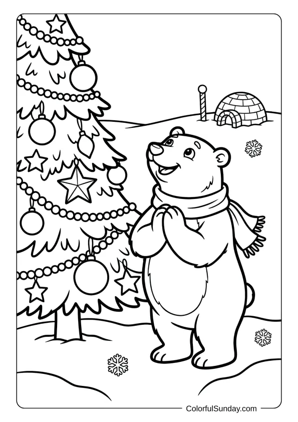 A friendly polar bear admiring a coloring page Christmas tree in the snowy North Pole landscape