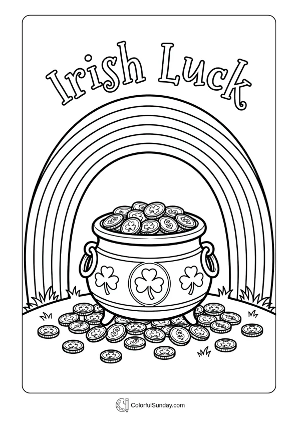 The classic pot and rainbow appear together in a magical St. Patrick’s Day coloring page.