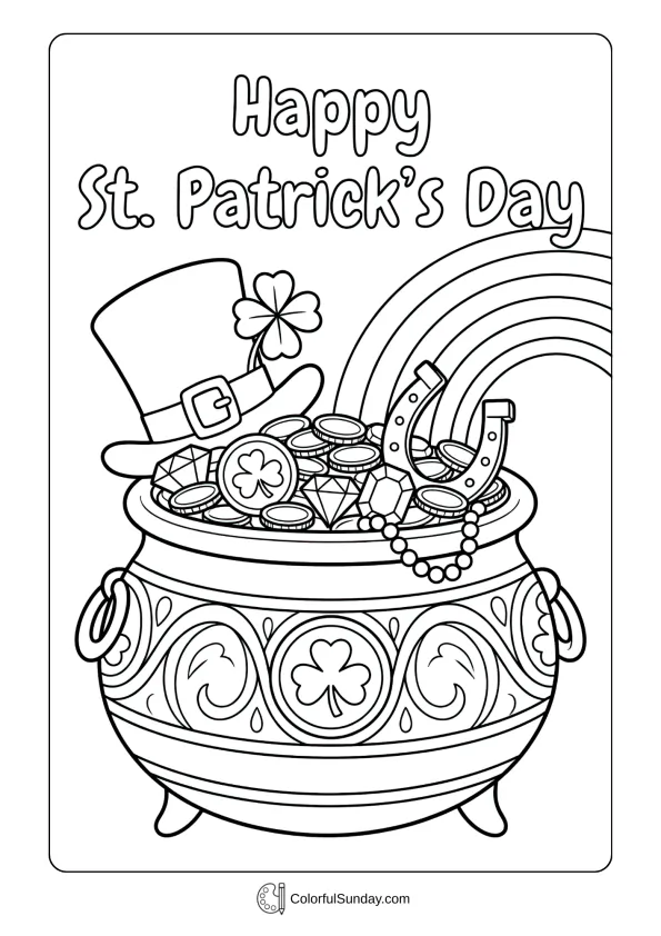 Coloring page illustration of a decorative pot highlighting treasure and luck on St. Patrick’s Day.