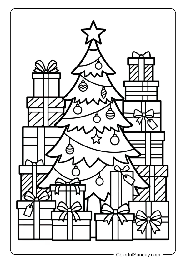 A Christmas tree surrounded by towers of wrapped presents with bows, tags, and ribbons coloring page
