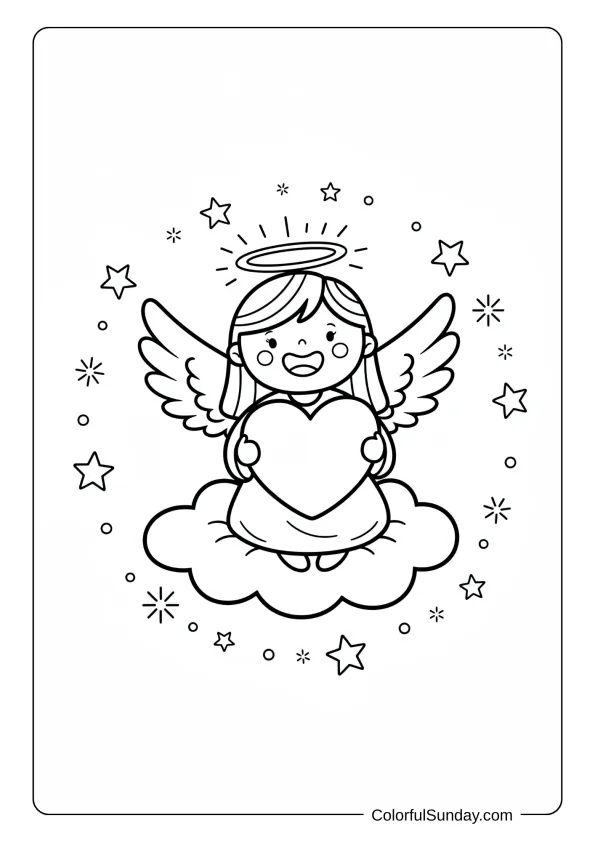 A pretty angel coloring page holding a large heart while sitting on a fluffy cloud with stars.