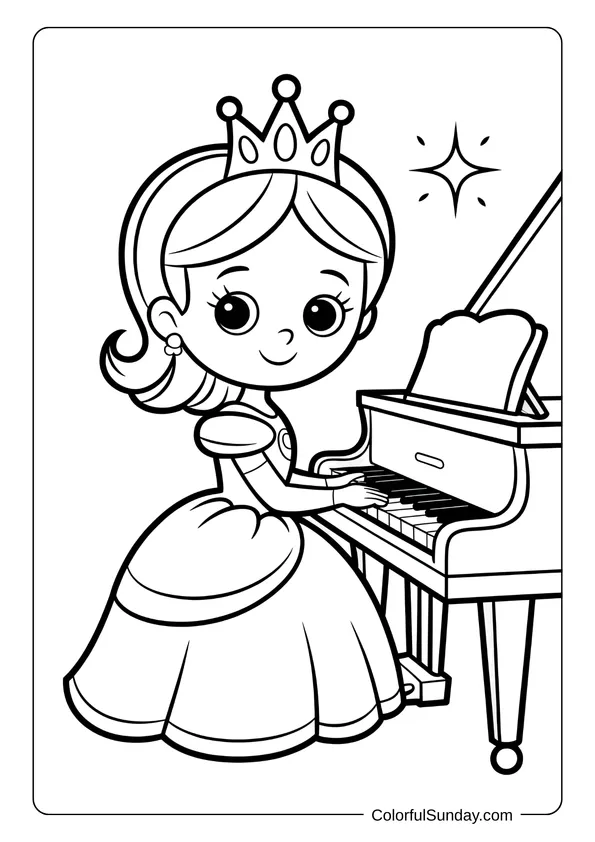 Pikachu From Pokemon Coloring Page A young princess wearing a crown playing the grand piano, captured in a coloring page drawing.