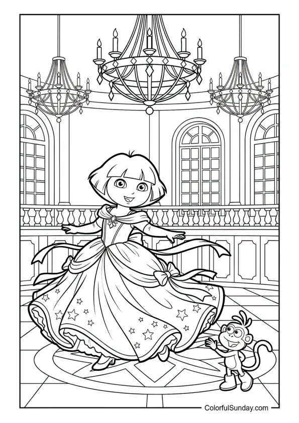 Princess Dora dancing in a royal ballroom under chandeliers in this Dora the Explorer coloring page.