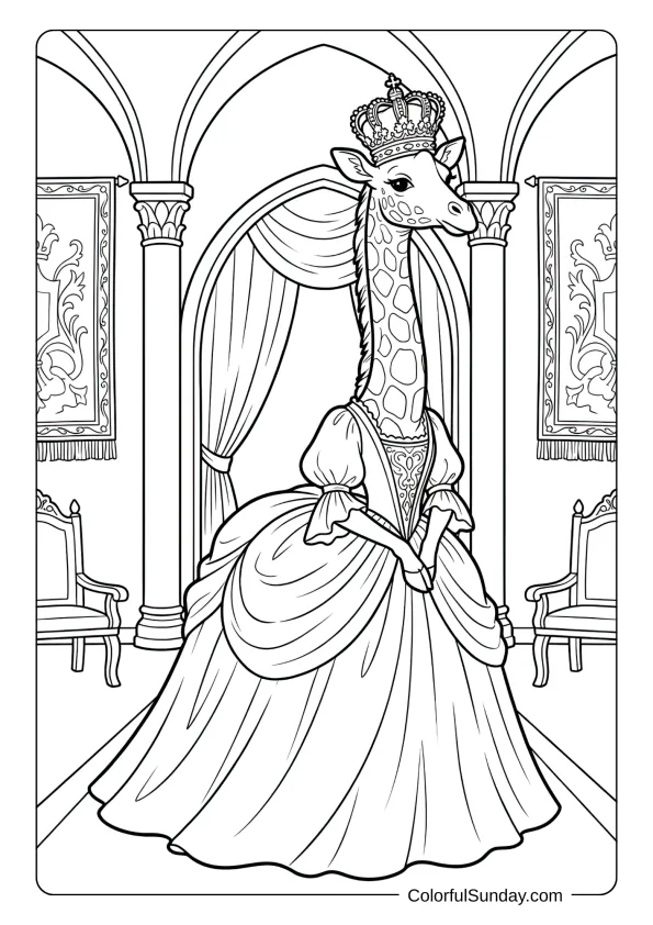 A beautiful princess giraffe wearing sparkly crown and fancy dress at royal castle coloring page.
