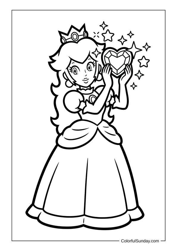 Princess Peach with heart jewel in a coloring page