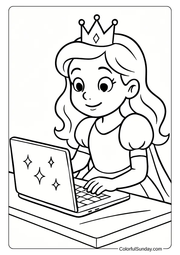 Coloring page of a princess sitting at a desk and using her laptop.