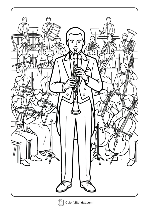 A clarinet coloring page of an accomplished professional musician in formal attire performing with orchestra setting