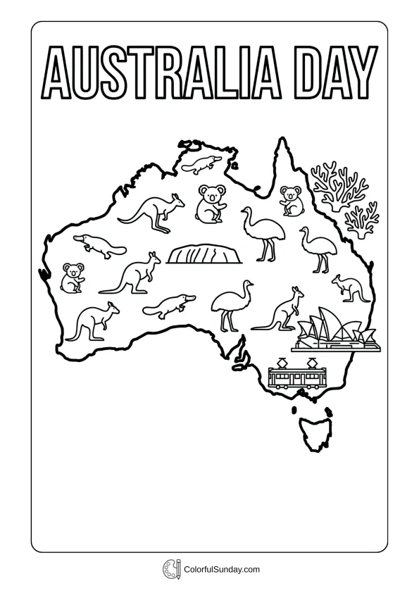 Map of Australia with landmarks and animals in a coloring page for Australia Day