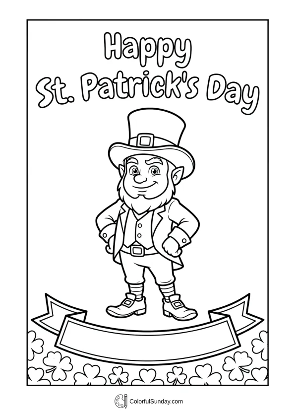 Standing tall and confident, the leprechaun represents pride in a St. Patrick’s Day coloring page.