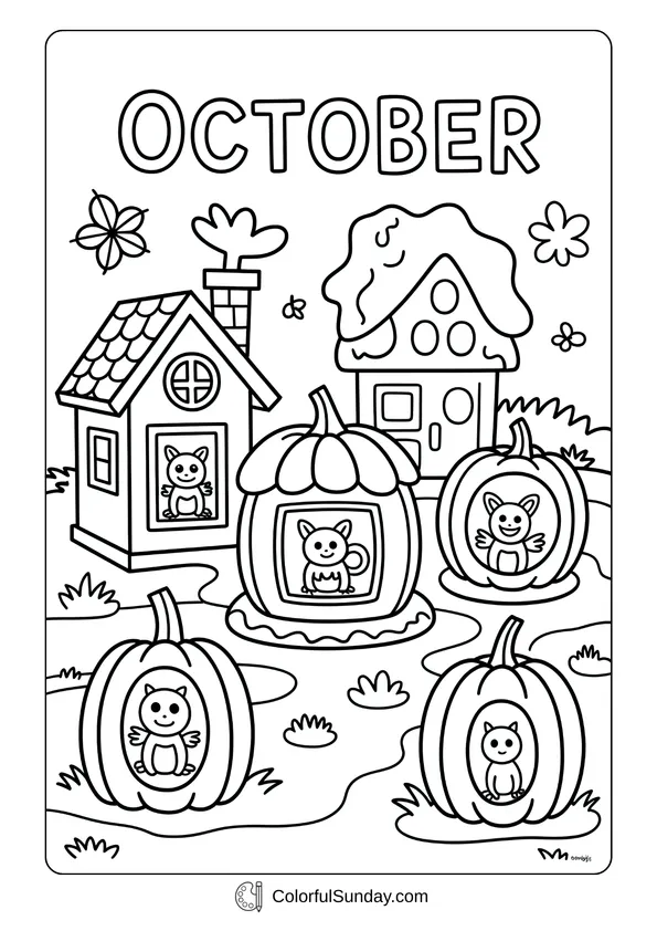 Pokemon Badges And Logo Coloring Page Cute animals sitting inside pumpkin houses with cottages in the background under the word October.
