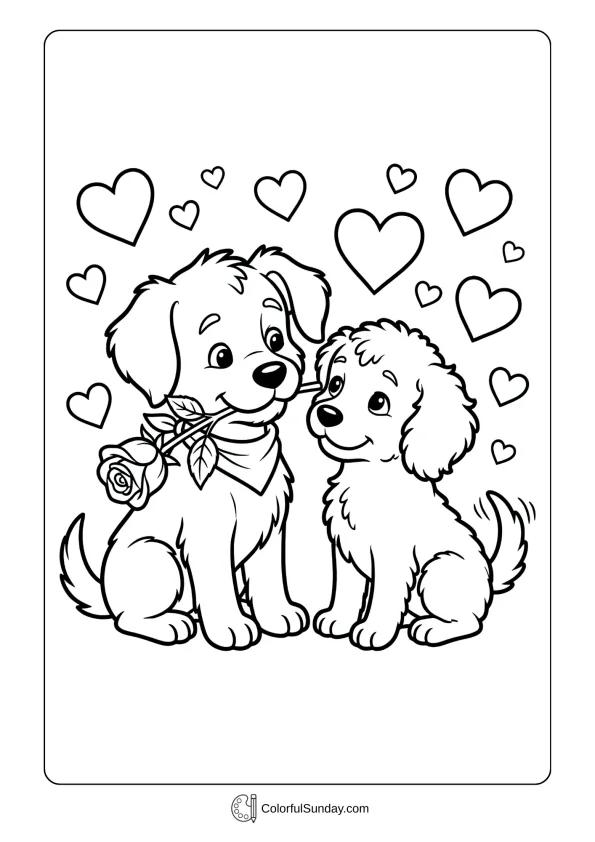 Two cute puppies cuddle with one holding a rose in a Valentine's Day coloring page.